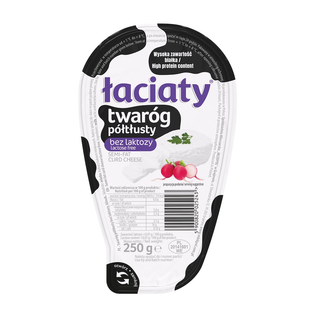 ŁACIATE TWARÓG PÓŁTŁUSTY 250g/6 BEZ LAKTOZY