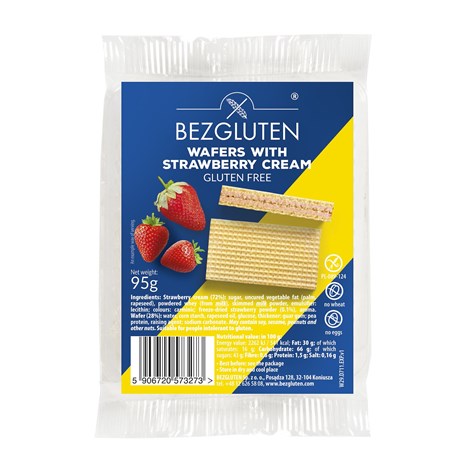 BEZGLUTEN WAFLE Z KREMEM TRUSKAWKOWYM 95g/12