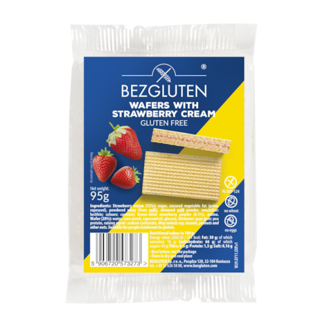 BEZGLUTEN WAFLE Z KREMEM TRUSKAWKOWYM 95g/12