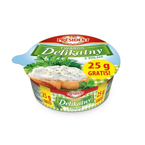 PRESIDENT TWARÓG DELIKATNY Z ZIOŁAMI 150g+25g/12