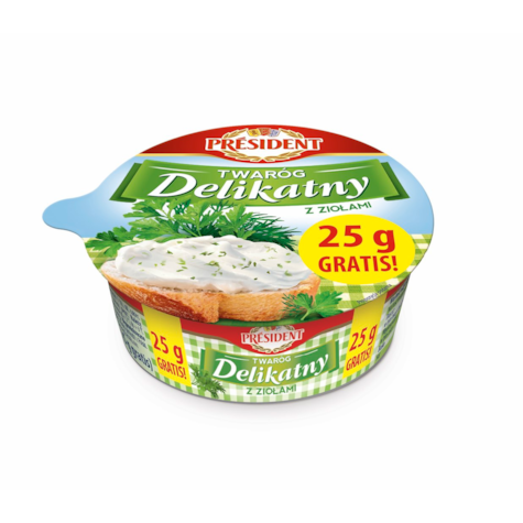 PRESIDENT TWARÓG DELIKATNY Z ZIOŁAMI 150g+25g/12